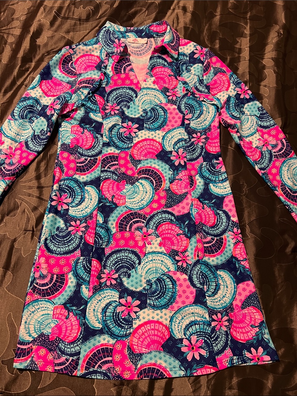 Aryeh Seashell Coastal Floral Pink Aqua Stretch Tunic Dress Collar Ruffles Small